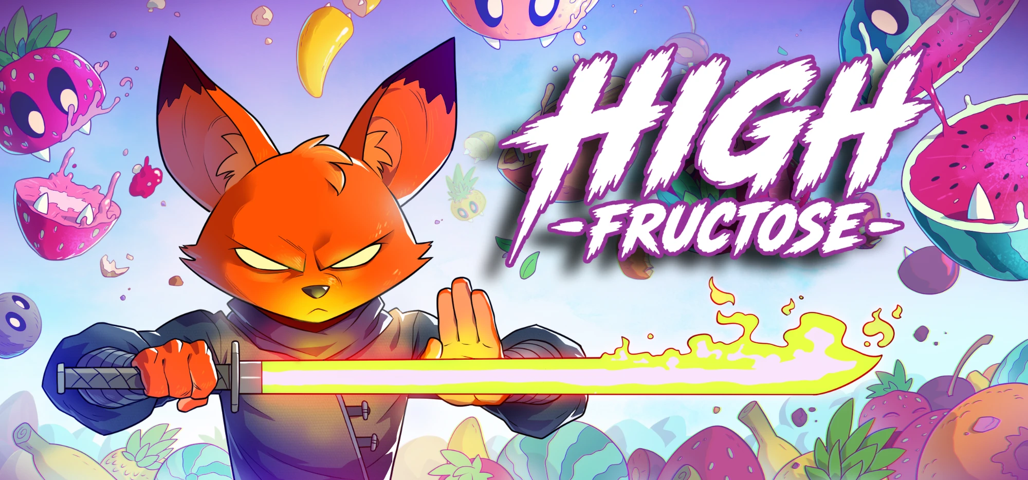 High Fructose key art: the Fox holding a glowing blade, surrounded by demonic fruit