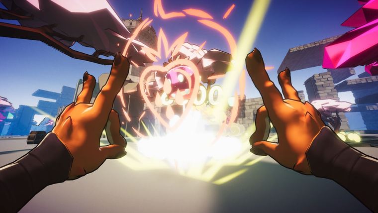 Slashing a demonic strawberry with a glowing blade